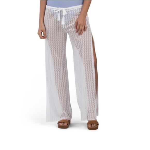 BECCA Women's White Split Leg Crochet Cover-Up Beach Pants Size L - Picture 1 of 6